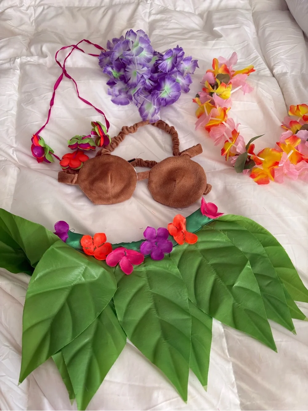 Pet Brown Leaf Hula Set with Green Skirt and Floral Leis